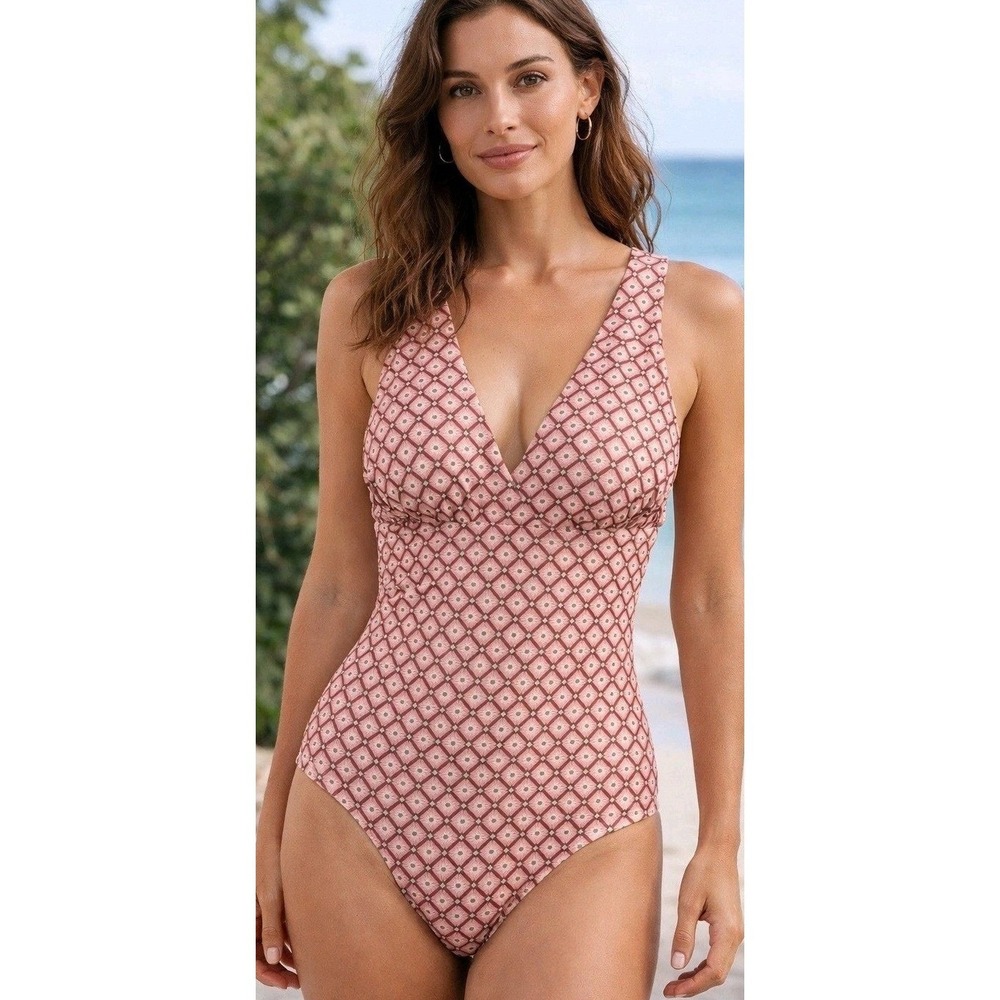 Shade & Shore Geometric Print Swimsuit Padded V-Neck One Piece Size 17 Beach NWT